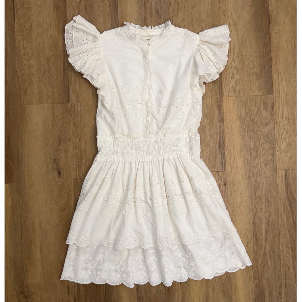NIBI MTK White Eyelet Cotton Mini Dress Smocked Waist Flutter Sleeve S prairie